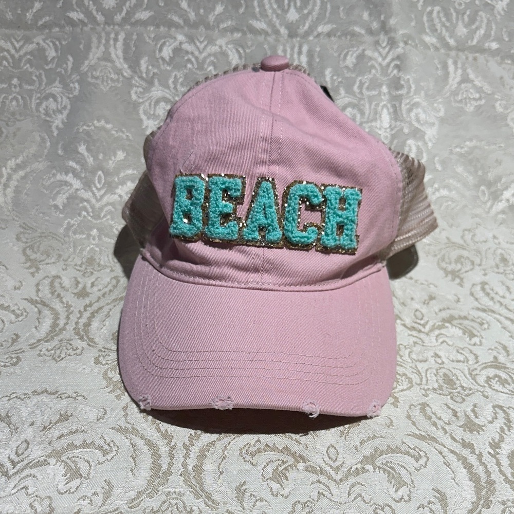 David and Young Pink Cap with Embroidered Beach Design